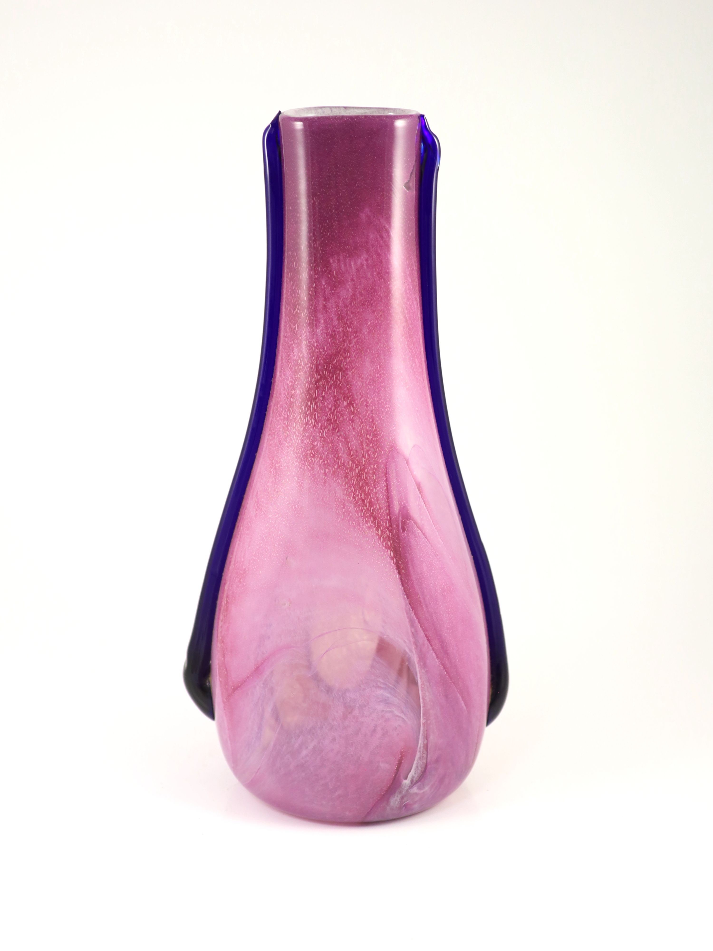 Elizabeth Graydon-Stannus, an unusual mottled pink and purple glass vase, circa 1930, of flattened pear form with applied blue lug handles, etched 'Gray-Stan' to base 44cm high